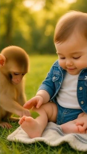 Does this tickle, little boss? 🤗Monkey tickles baby’s feet with a leaf—rolling giggles ove #baby