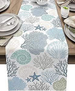 Nautical Coastal Table Runners Ocean Beach Coral Table Runners for Dining Room Starfish Blue Teal Dinner Runner Kitchen Indoor Outdoor Patio Party Decor, 13x108 Inch