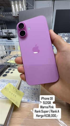 Bruder Store on Instagram: "Ready Pai #stokterbatas #stocksuperjarang IPhone 16, 512GB, Warna Pink SimFree ( Bebas Pakai All Operator ) Kondisi Perawatan : Rank Super/ Tidak Ada Lecet Sama Sekali Battery Health 100% Kelengkapan : HP, Box Sama Type, Kabel USB Bonus : Adaptor, Softcase dan Antigores Harga : ¥138,000,- Harga Termasuk Ongkir keseluruh Jepang. Jika COD dikenakan Biaya Tambahan ¥3,000,- Pengiriman : 2-4 Hari Pembayaran dapat dilakukan via : • Transfer Bank BCA/BNI dengan Kurs Terupdat