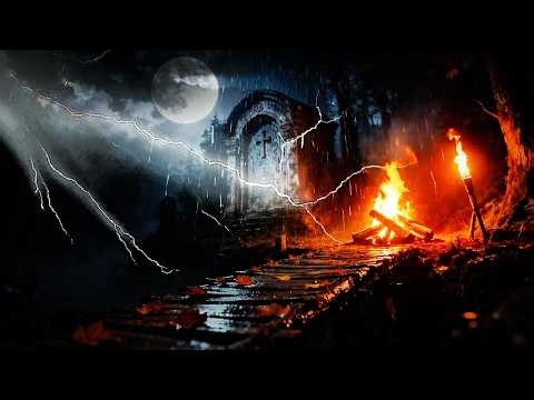 HAUNTED Crypt in a Thunderstorm: GENTLE Rain & ROARING Thunder Over the Hills | Sleep Ambience