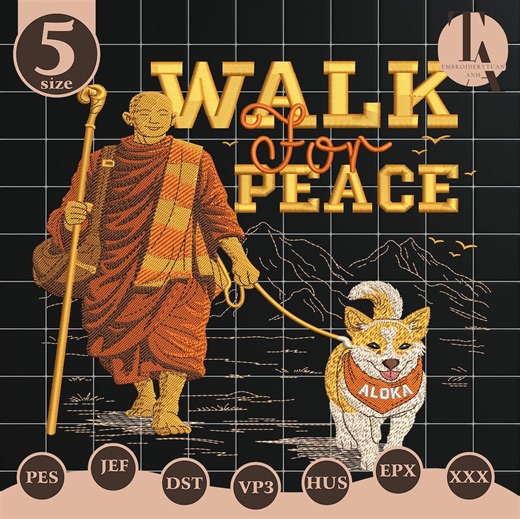Walk for Peace Monk and Dog Scene Embroidery File, Spiritual Zen Mindfulness Embroidery Design, Peaceful Art Gift - Etsy