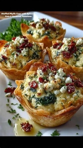 7K views | Stuffed Phyllo Cups with Spinach, Feta & Sundried Tomatoes Ingredients 1 cup fresh spinach, chopped ½ cup crumbled feta cheese ¼ cup sundried tomatoes, chopped 1 small garlic clove, minced 1 tbsp olive oil Salt and black pepper, to taste 8–10 mini phyllo tart shells or cups 1 egg, lightly beaten (optional, for brushing edges) Fresh parsley or dill, for garnish Drizzle of olive oil, optional../ | Weight Watchers Recipes and Tips | Facebook