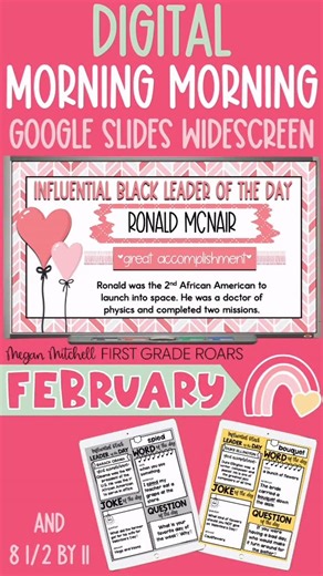First Grade Teacher on Instagram: "✨ Kick off February with meaningful morning meetings! ✨ These Kindergarten & First Grade slides make starting the day a breeze — and SO much fun! Inside you’ll get 22 days of ready-to-go slides featuring: ⭐ Joke of the Day ⭐ Word of the Day ⭐ Influential Black American of the Day ⭐ Question of the Day Both portrait & landscape versions are included + a B&W printable option for the portrait slides. AND the landscape slides include bonus editable Google Slides fo