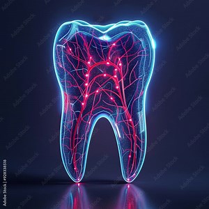 X-ray of tooth icon on digital background, symbolizing dentistry and medical advancements, set against a backdrop of a futuristic cityscape