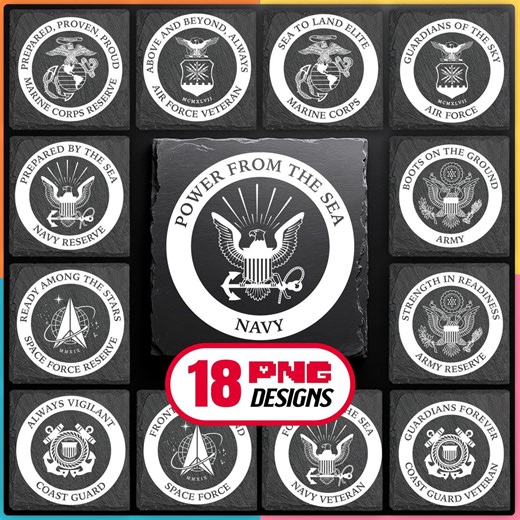 American Military Logos Laser Engraving PNG Bundle Digital Download for USA Patriotic Slate Coaster, Glowforge, Lightburn, Commercial Use