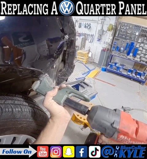 14K views · 190 reactions | This Volkswagen Tiguan got smacked in the left quarter panel! Check out how I pull out the damage before I cut off the panel and weld a new one on. It may sound simple but there's a TON of steps to replacing a quarter panel. Tune in to see how it's done! #autobody #volkswagen #collision #quarterpanel #bodywork | BluecollarKyle | Facebook