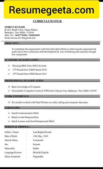 Sample Resume For Freshers | Resume Format For Freshers