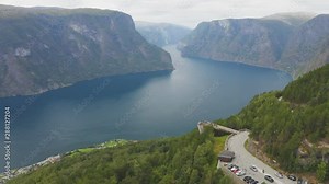 Aerial footage of Stegastein Viewpoint.Experience the spectacular viewing platform, 650 metres above Aurlandsfjord.