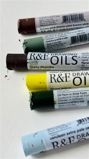 The R&F Drawing Oils™ Landscape Set features an earthy and serene set of six Drawing Oils™: Brown Pink, Sap Green, Cerulean Extra Pale, Turkey Umber Pale, Nickel Yellow, and Cherry Absinthe. Use this set of three opaque and three transparent colors to capture atmospheric elements, mood, and depth. | R&F Handmade Paints