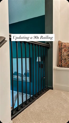 Jaimi Bengtson on Instagram: "Funny you should ask 😅 Shortly after we bought this 90s house almost 3 years ago, we did a fun little experiment with our honey oak staircase. We knew eventually we’d be replacing the railings, so there was no real risk. We left the hand rails and newel posts in place so the structure and safety of the railing would stay solid! 💪🏻 This project is just the rails and posts painted black with new modern square metal balusters. Would it have been easier to just paint