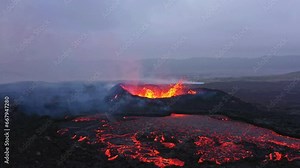 Aerial Panoramic footage of Litli-Hrútur Volcano Eruption. Iceland 28.7.2023., Fagradalsfjall. Drone footage, Lava is Exploding and Spreading out of Crater.
