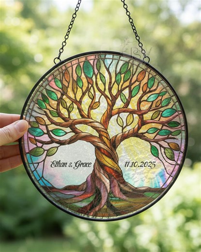 Intertwined Tree Faux Stained Glass Suncatcher, Custom Couple Name Sign, Wedding Keepsake Decor, Housewarming Gift - Etsy UK
