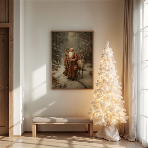 Victorian Santa With Lantern and Reindeer in Forest - Etsy