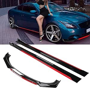 Universal Glossy Black&Red Front Bumper Lip Chin Spoiler Splitter Diffuser Guard Wing Protector Trim Car Body Kit with Glossy Black&Red Side Skirt Fit for Most Vehicles
