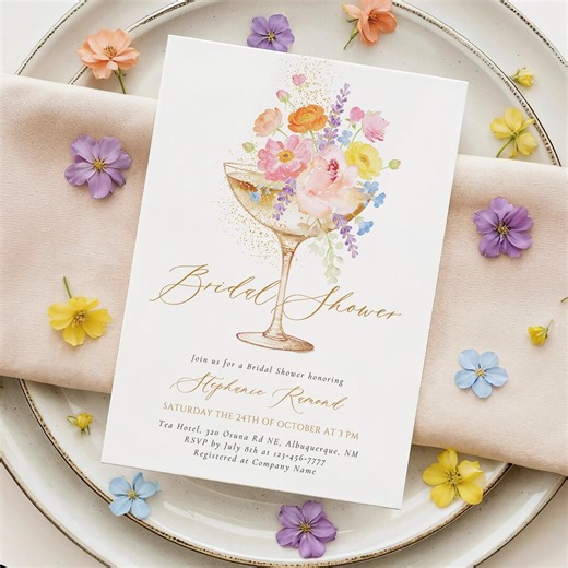 Floral Champagne Glass Bridal Shower Invitation, Elegant Bridal Shower Invite Template, Watercolor Prosecco Invitation Editable in Canva - Etsy