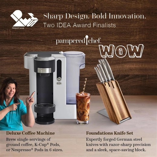 ☕️🔪 Can kitchen tools really win design awards?! You bet they can — and ours just did! 🏆✨ Out of 2,000 entries, two Pampered Chef favorites made the finalist list for the 2025 IDEA Awards for outstanding innovation design! 🎉 💫 Deluxe Coffee Machine – café-style coffee right at home ☕️ 💫 Foundations Knife Set – with a block that folds up to fit in a drawer! 👀 👉 Peek at the Coffee Machine: bit.ly/deluxecoffeePC 👉 Check out the Knife Set: bit.ly/knifesetPC (Psst… ask me how you can grab the