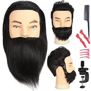 Male Mannequin Head with Beard 100% Human Hair Haircut Manikin Head for Cosmetology Straight Thick Hair Doll Head with Human Hair with Stand Practice Cutting Styling