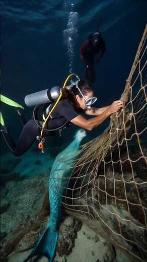 Rescue of a mermaid trapped in a fishing net #mermaid
