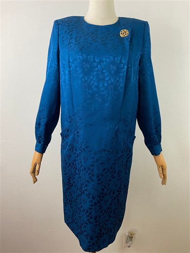 Vintage 80s Liz Claiborne Jacquard Cocktail Dress: Blue Crepe, Puffy Sleeves, Size 10 - Etsy