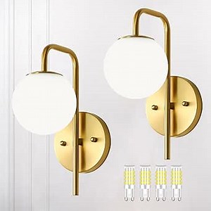 Mid Century Modern Wall Sconces, 6000K G9 Bulbs Included, Gold Wall Sconces Set of 2 with Frosted Glass Globe, Elegant Wall Sconce for Bathroom, Vanity, Living Room