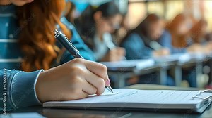 A woman's hand writes in a notebook, surrounded by other students in a classroom setting.