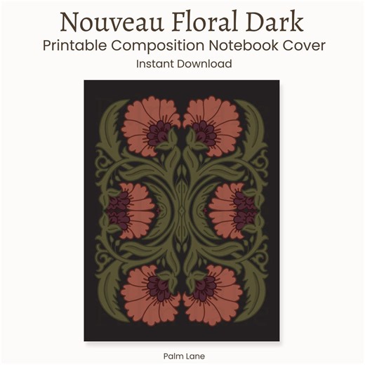 Nouveau Floral Printable Composition Notebook Cover – Dark Floral | Instant Digital Download - Etsy