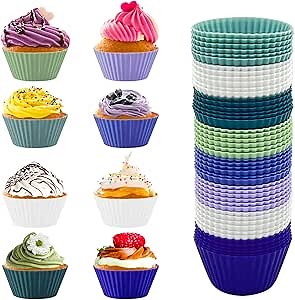 48 Pack of Silicone Cupcake Liners, lyfLux Reusable Mini Muffin Baking Cups, Food Grade Silicone for Cooking Eggs, Baking Muffins and Make a Cake (8 Colors 6 Each)