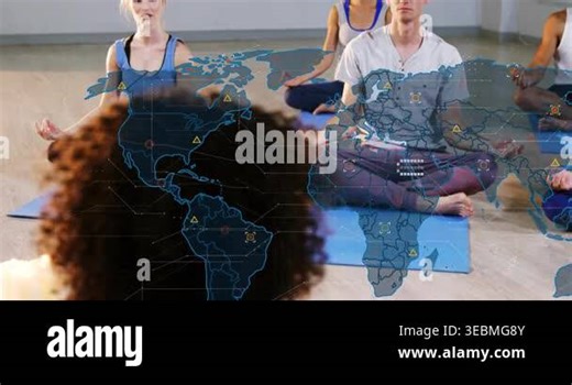 Yoga class entering blue mats, map overlay fading in guiding breathing and arm raising. Meditation, mindfulness, wellness, harmony, tranquility, balance, spiritual Stock Video Footage - Alamy