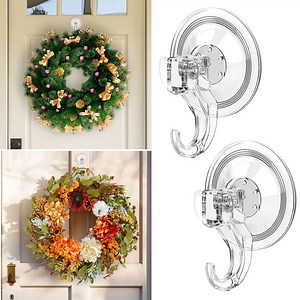 LUXEAR Suction Cup Hooks, Strong Clear Heavy Duty Vacuum Shower Hooks, Removable Reusable Waterproof Suction Cups for Windows Kitchen Bathroom Christmas Garland Decorations - 2 Pack