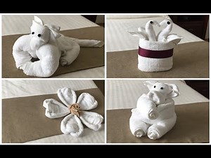 4 Ideas Folding Towel Origami - a Flower, a Lion, a Birds and a Pig.