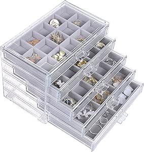 misaya Earring Jewelry Organizer with 5 Drawers, Birthday Present, Clear Acrylic Jewelry Box for Women, Velvet Earring Display Holder for Earrings Ring Bracelet Necklace, Gray