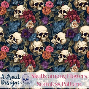 Skulls and Flowers Seamless Pattern: Commercial Fabric Design (digital Download) - Etsy Australia