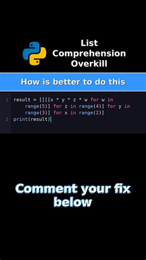 Python chaos expert on Instagram: "List Comprehension Overkill This List Comprehension is SO Complex It Breaks Your Brain! 🧠💥 Nested list comprehensions with 4 levels? This is peak Python abuse! 🚫 What NOT to do: • 4+ levels of nested comprehensions • Unreadable one-liners • Complex logic in comprehensions ✅ The right way: Use loops or break into steps Comprehensions are great, but readability matters! This Code Crimes shows when to stop. #python #coding #programming #listcomprehension #pytho