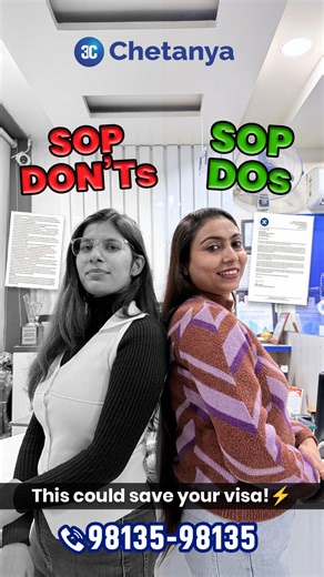 Chetanya Career Consultants on Instagram: "Most students think their SOP is “good enough”. That’s where things go wrong. From common SOP mistakes to what actually works, this reel covers it all. Watch till the end — this could save your application. [SOP do’s and don’ts, study abroad SOP, 3C Chetanya, student visa SOP, SOP mistakes, SOP writing tips, visa application guidance] #SOPWritingtips #Chetanyacares #VisaGuidance #StudentVisaTips #StudyAbroad2026 #VisaSuccess #ChetanyaCareers #SOPdos&don