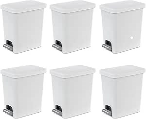 Sterilite 2.7 Gallon Rectangular Step On Kitchen Trash Bin Plastic Indoor Wastebasket with Removable Liner and Bag Holding Feature, White (6 Pack)