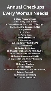 💖 Annual Checkups Every Woman Needs 👩‍⚕️ Blood Pressure Check – Detects silent hypertension and prevents heart disease. BMI (Body Mass Index) – Assesses weight category and health risks. Comprehensive Blood Work – Includes CBC, lipid profile, fasting glucose, HbA1c. Pap Smear – Screens for cervical cancer (every 3 years from age 21–65). HPV Test – Detects cancer-causing strains of HPV. Pelvic Exam – Checks reproductive organs for abnormalities. Clinical Breast Exam – Detects breast lumps and c
