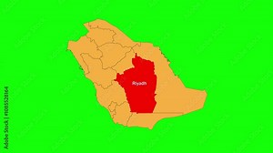 Riyadh map animated video. The location is highlighted on the Saudi Arabia map. Colour map with Green screen background in video format.