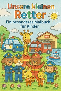 Digital coloring book "Our Little Rescuers" with cute animal helpers from the fire department, rescue service, and police