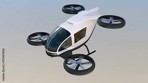 White self-driving passenger drone flying in the sky. 3D rendering animation.