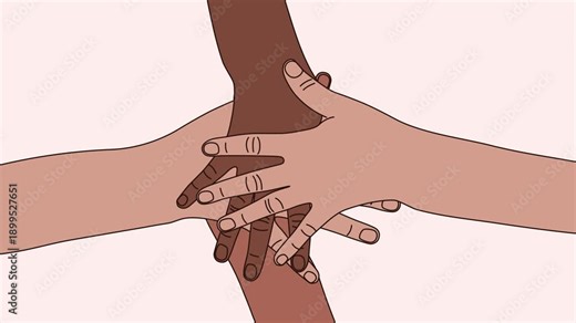 Motion graphics animation of the team's hands moving towards the center. Community and support. No discrimination and racism based on skin color and race.