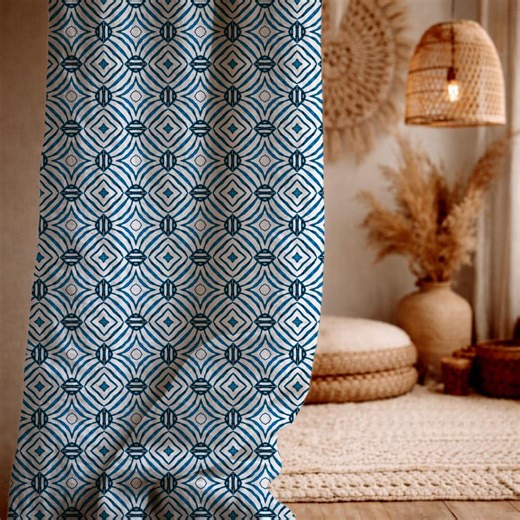 Blue Geometric Linen Curtain Panel, Handdrawn Diamond Pattern Window Drapes, Coastal Boho Scandinavian Living Room Bedroom Decor - Etsy
