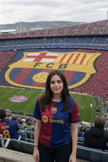 GPT Image 2 + Kling AI Kling prompt: She begins standing still, facing camera with a calm confident expression. Slowly she raises one hand to lift her hair off her neck, then turns away from the camera revealing "RAPHINHA 11" printed in gold on the back of her Barcelona jersey. She gazes out over the stadium pitch. Her hair lifts and settles naturally in a light wind. The giant Barcelona tifo mosaic on the pitch fills the background. Camera holds a steady handheld medium shot with subtle organic
