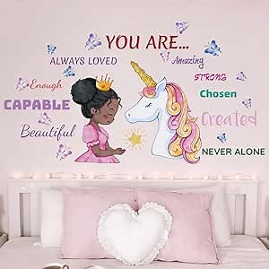 Unicorn Wall Decals for Girls Bedroom, Black Girl Wall Stickers, Toddler Black Girl Room Decor, Unicorn Wall Stickers for Girls Room