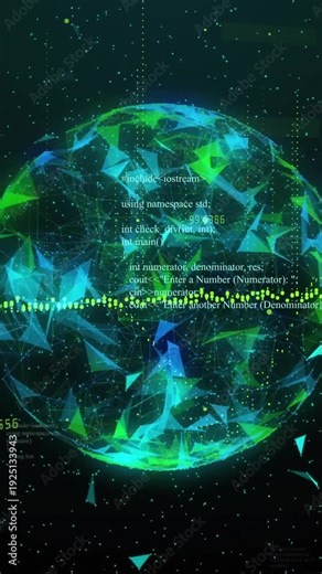 Vertical video: On load hologram globe rotating while code and numbers scrolling, showing live data
