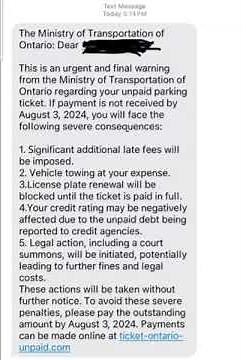Scam Alert: Fake Ministry Of Transportation Text About Pending Parking Fines