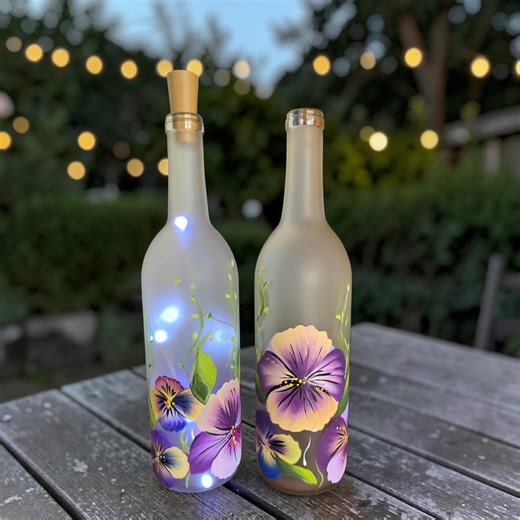 Pansies Hand Painted Frosted Wine Bottle With Fairy Lights Included. - Etsy