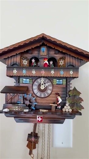 Vintage Swiss Musical Cuckoo Clock with Animated Wood Chopper, Dancers & Waterwheel