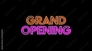 Grand opening text animation in neon light style. Neon styled text animation for business opening celebration. Grand Opening Typography Text Animation with Loop Animation. Alpha Channel