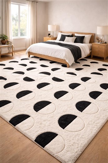 Black White Geometric Rug, Modern High Pile Hand Tufted Area Rug, Abstract Circle Pattern Carpet for Living Room & Bedroom - Etsy