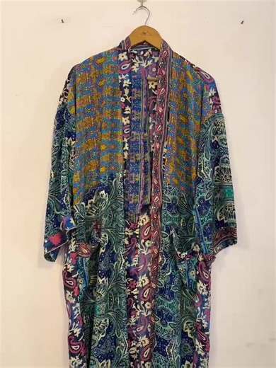 Bohemian Patchwork Silk Kimono Robe: Recycle Saree Fabric, Beach Cover-up - Etsy